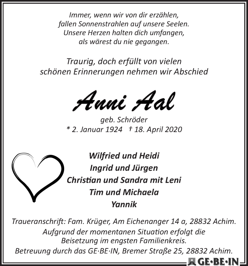  Traueranzeige für Anni Aal vom 25.04.2020 aus WESER-KURIER