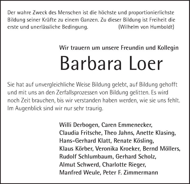 Traueranzeige von Barbara Loer von WESER-KURIER