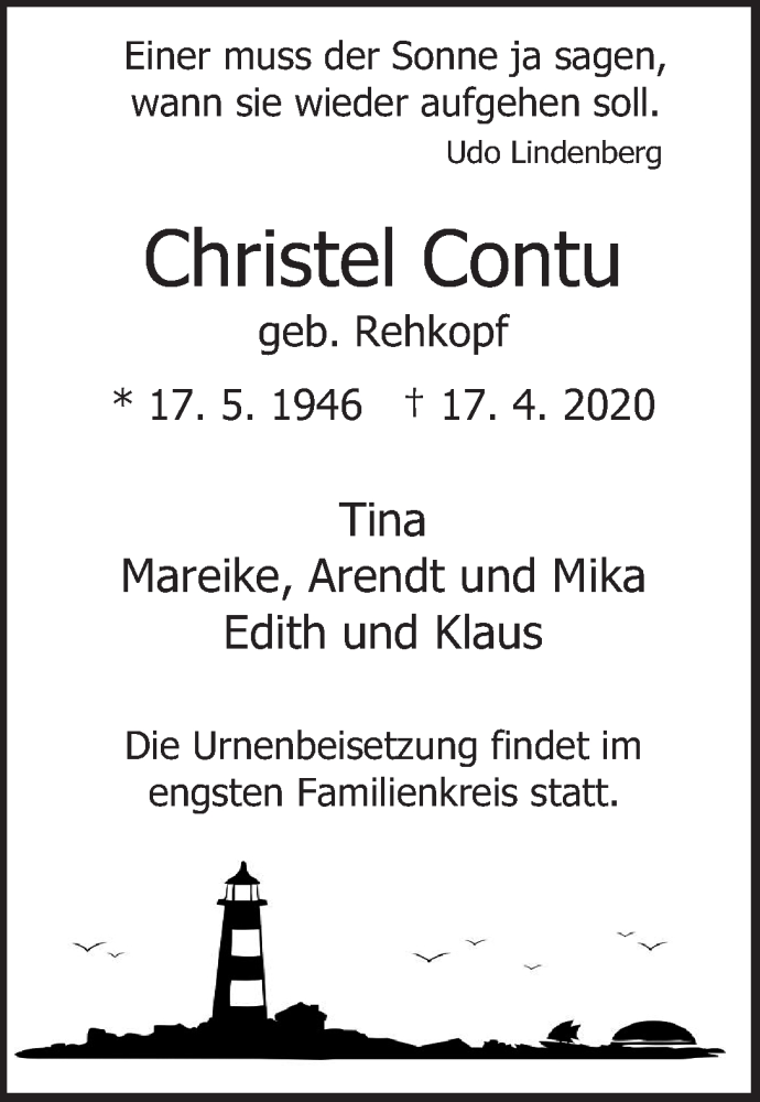  Traueranzeige für Christel Contu vom 25.04.2020 aus WESER-KURIER