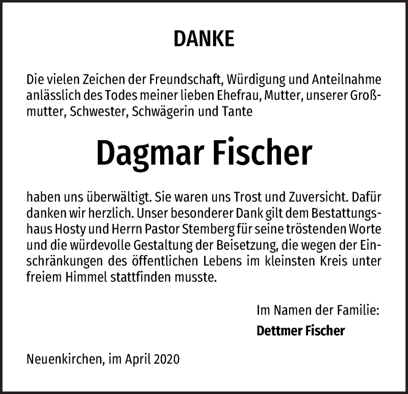 Traueranzeige von Dagmar Fischer von Die Norddeutsche