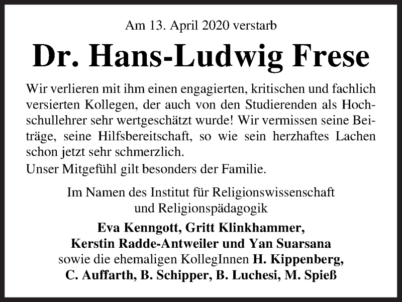  Traueranzeige für Dr. Hans-Ludwig Frese vom 25.04.2020 aus WESER-KURIER