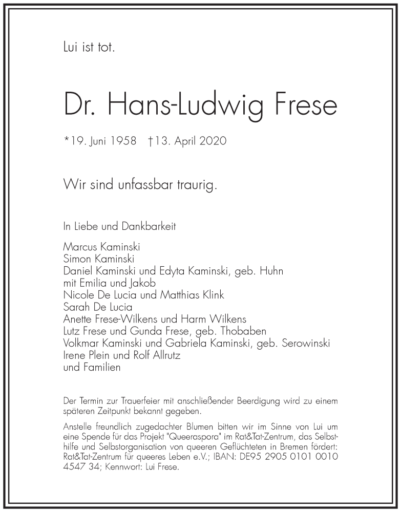  Traueranzeige für Dr. Hans-Ludwig Frese vom 18.04.2020 aus WESER-KURIER