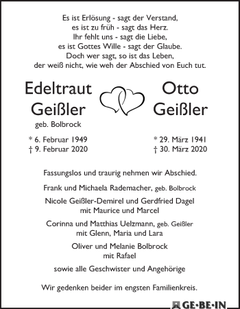 Traueranzeige von Edeltraut und Otto Geißler