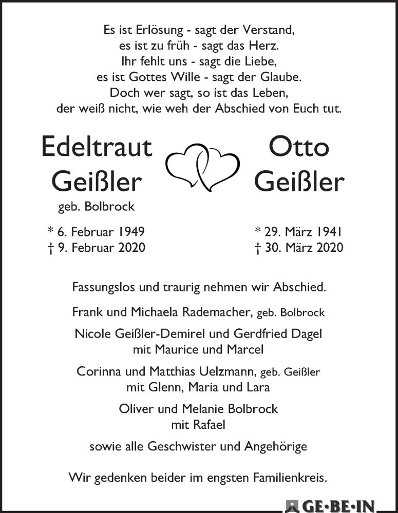 Traueranzeige von Edeltraut und Otto Geißler von WESER-KURIER