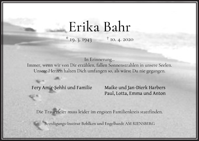 Traueranzeige von Erika Bahr von WESER-KURIER