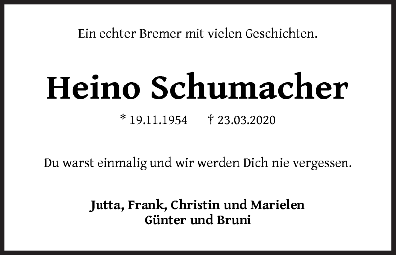  Traueranzeige für Heino Schumacher vom 01.04.2020 aus WESER-KURIER