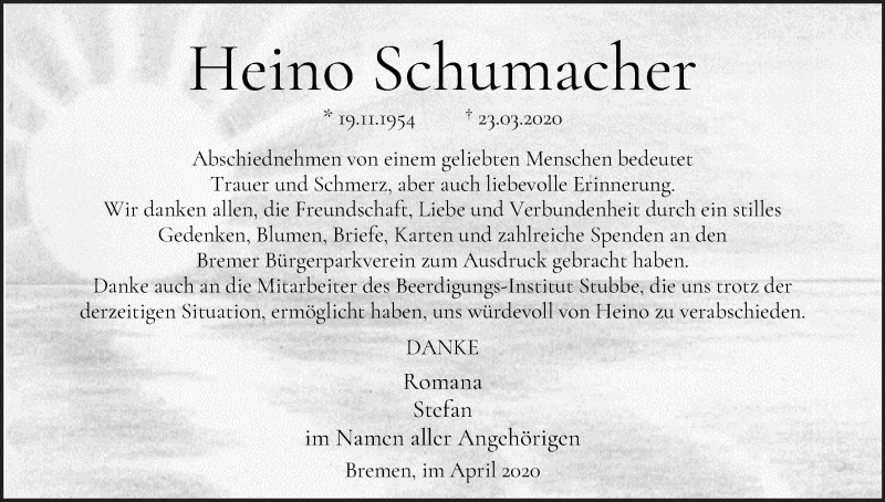  Traueranzeige für Heino Schumacher vom 25.04.2020 aus WESER-KURIER