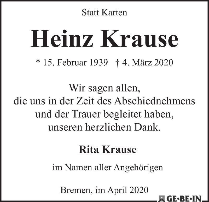  Traueranzeige für Heinz Krause vom 04.04.2020 aus WESER-KURIER