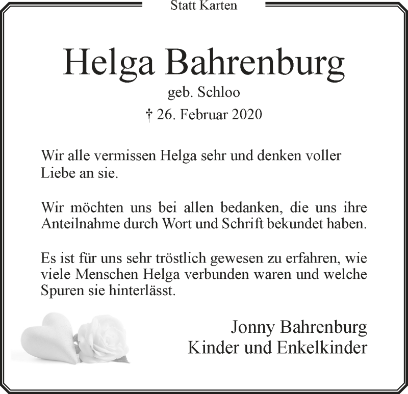 Traueranzeige von Helga Bahrenburg von Wuemme Zeitung