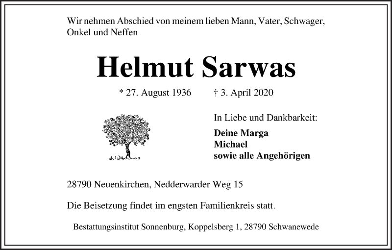  Traueranzeige für Helmut Sarwas vom 09.04.2020 aus Die Norddeutsche