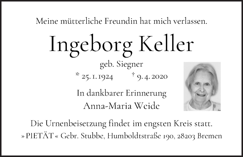 Traueranzeige von Ingeborg Keller von WESER-KURIER