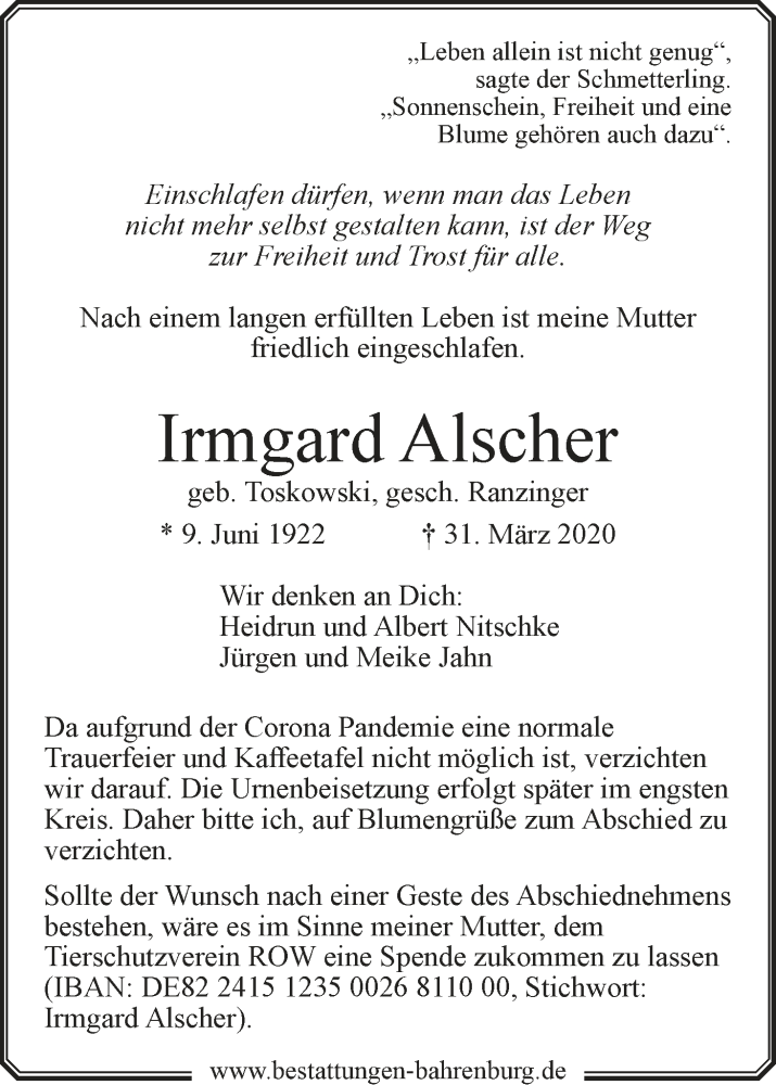 Traueranzeige von Irmgard Alscher von Wuemme Zeitung