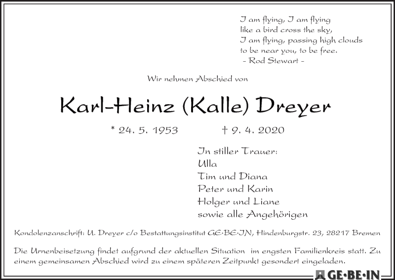 Traueranzeige von Karl-Heinz (Kalle) Dreyer von WESER-KURIER