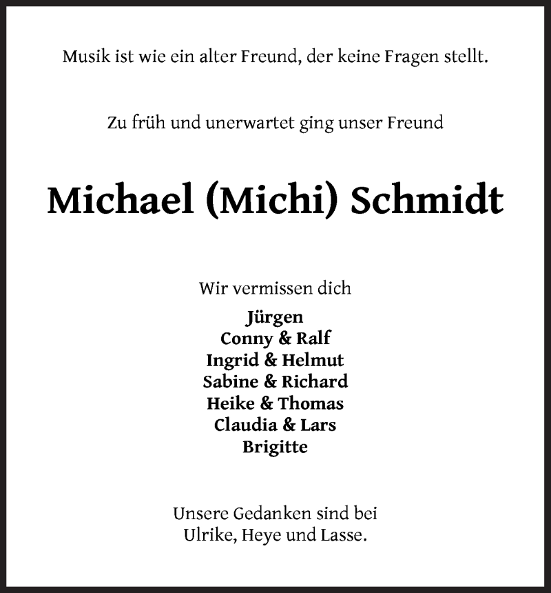 Traueranzeige von Michael (Michi) Schmidt von Die Norddeutsche