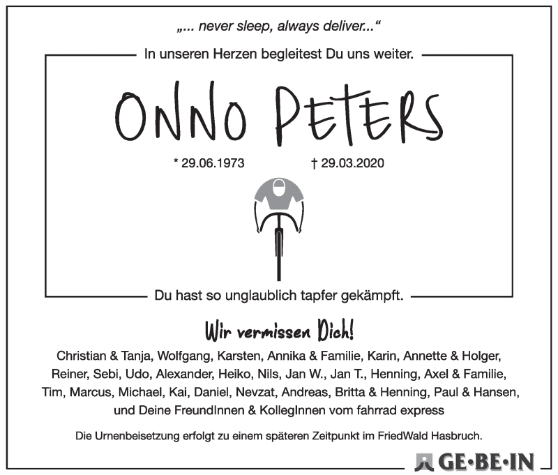  Traueranzeige für Onno Peters vom 04.04.2020 aus WESER-KURIER