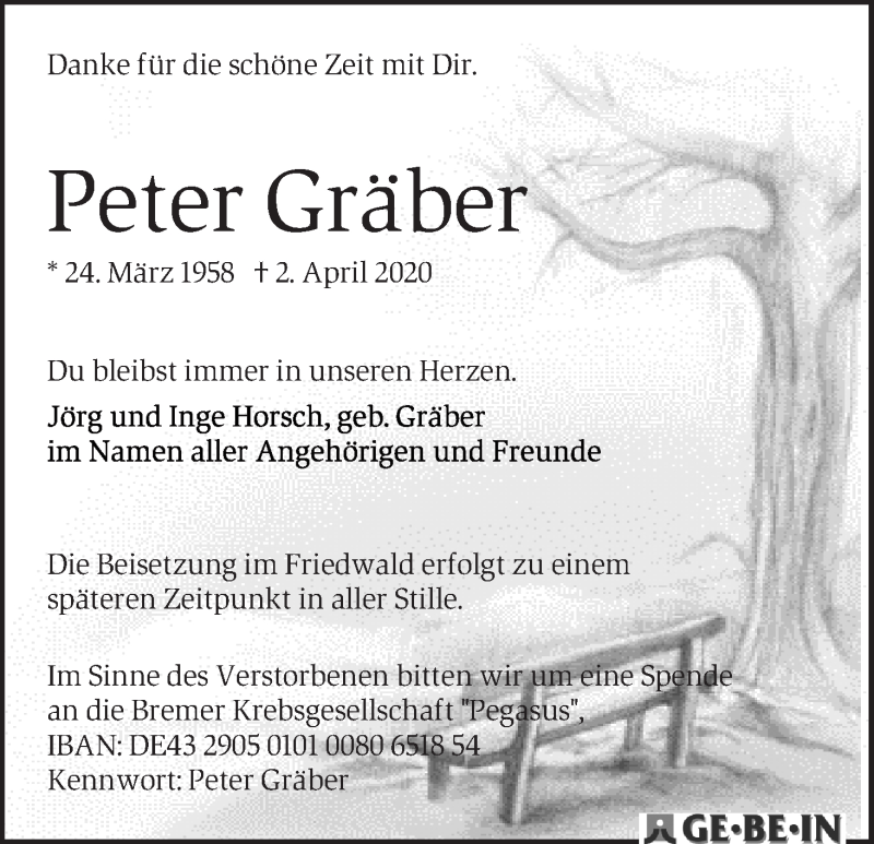  Traueranzeige für Peter Gräber vom 11.04.2020 aus WESER-KURIER
