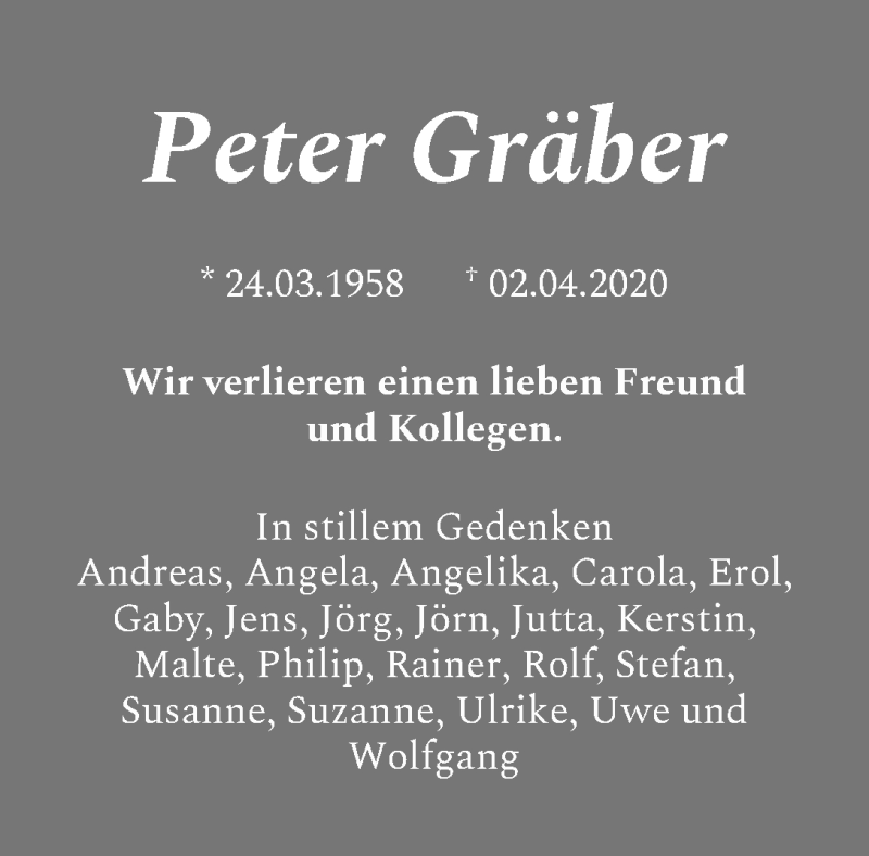  Traueranzeige für Peter Gräber vom 11.04.2020 aus WESER-KURIER