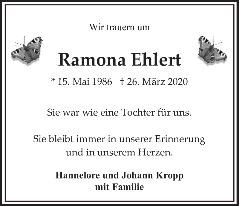  Traueranzeige für Ramona Ehlert vom 02.04.2020 aus Wuemme Zeitung