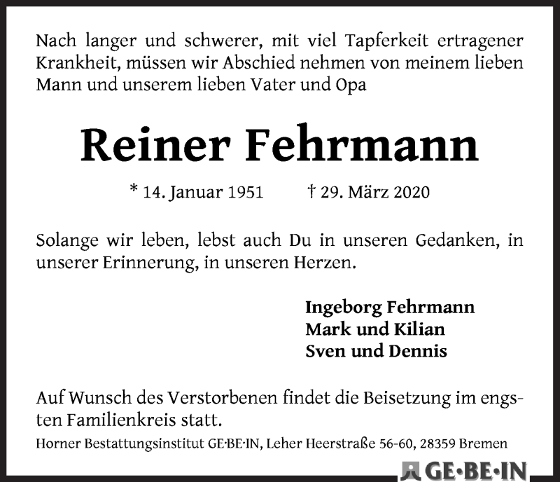  Traueranzeige für Reiner Fehrmann vom 11.04.2020 aus WESER-KURIER
