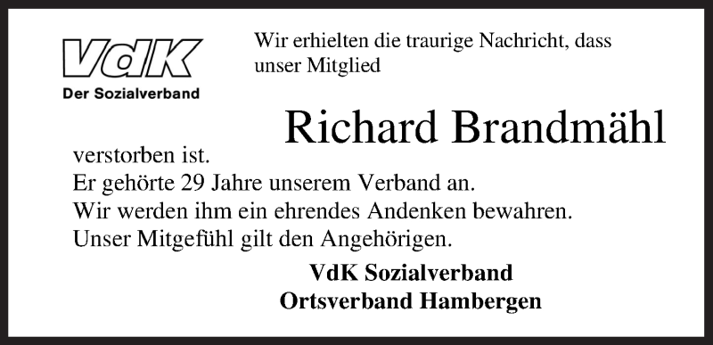 Traueranzeige von Richard Brandmähl von Osterholzer Kreisblatt