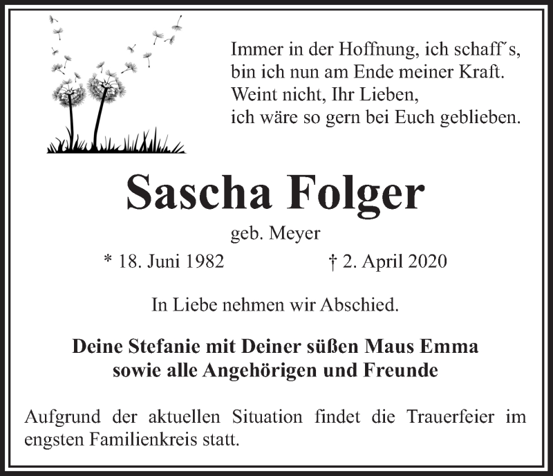 Traueranzeige von Sascha Folger von WESER-KURIER