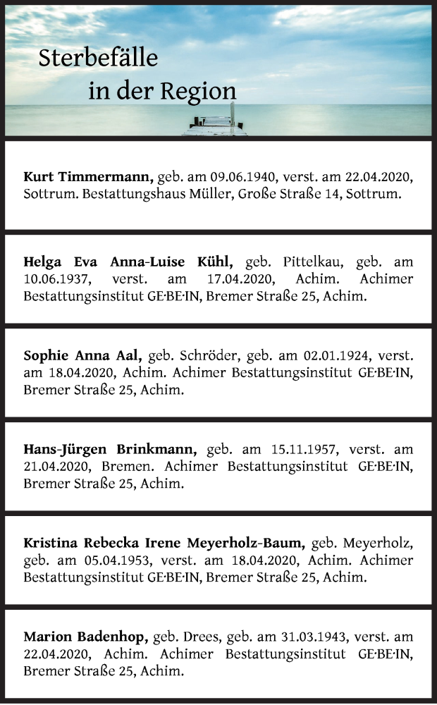 Traueranzeige von Sterbefälle in der Region Ausgabe 25.04.2020 von Achimer Kurier/Verdener Nachrichten