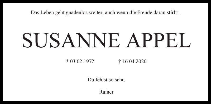  Traueranzeige für Susanne Appel vom 25.04.2020 aus WESER-KURIER