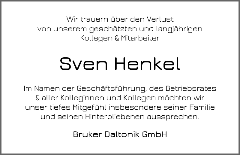  Traueranzeige für Sven Henkel vom 22.04.2020 aus WESER-KURIER