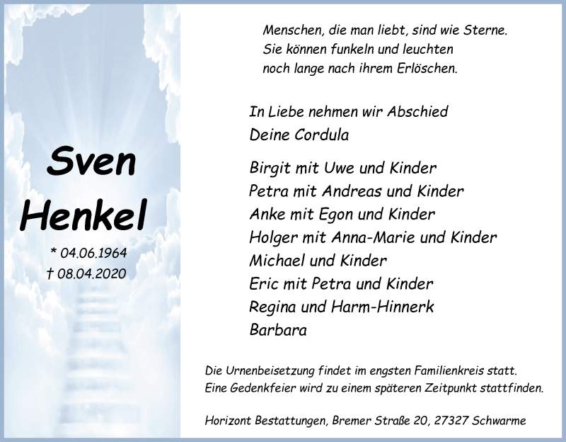  Traueranzeige für Sven Henkel vom 15.04.2020 aus WESER-KURIER
