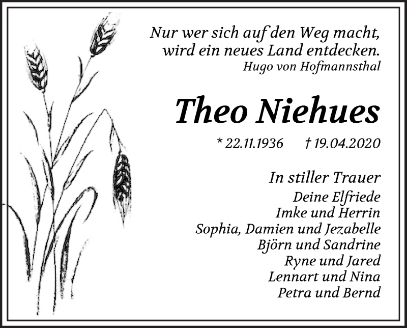 Traueranzeige von Theo Niehues von WESER-KURIER