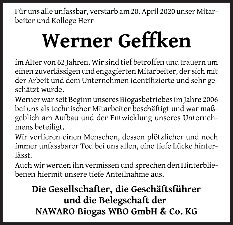 Traueranzeige von Werner Geffken von Wuemme Zeitung