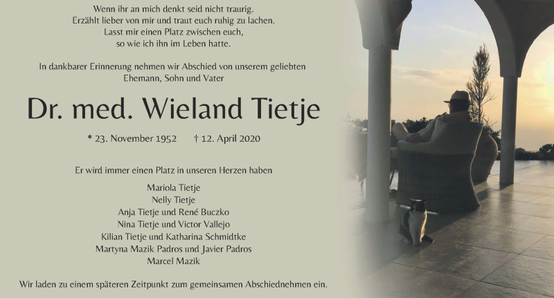  Traueranzeige für Wieland Tietje vom 18.04.2020 aus WESER-KURIER