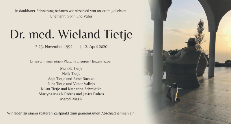  Traueranzeige für Wieland Tietje vom 18.04.2020 aus Wuemme Zeitung
