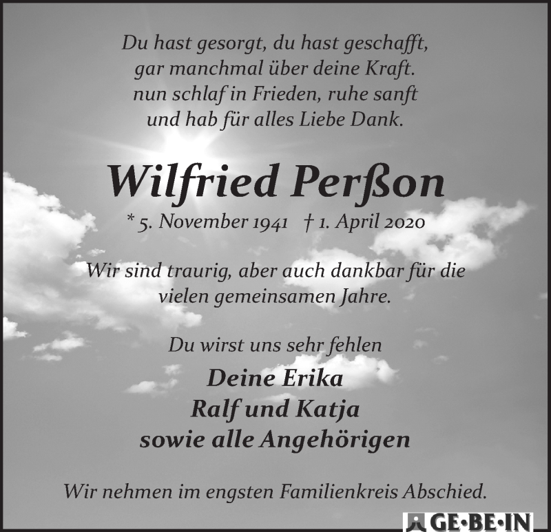 Traueranzeige von Wilfried Perßon von WESER-KURIER