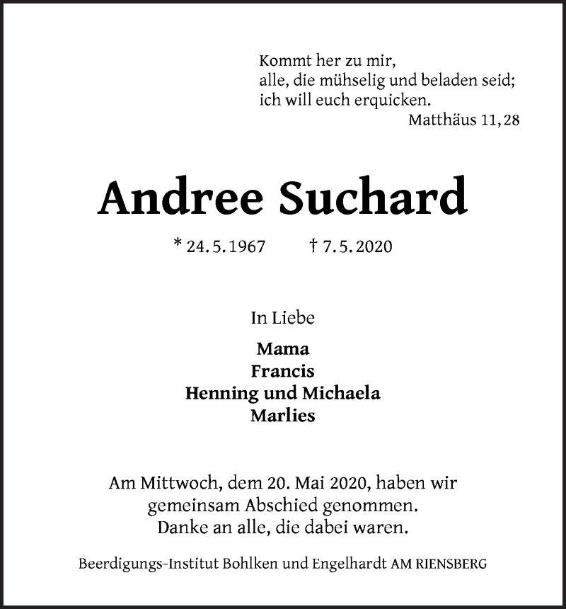  Traueranzeige für Andree Suchard vom 23.05.2020 aus WESER-KURIER