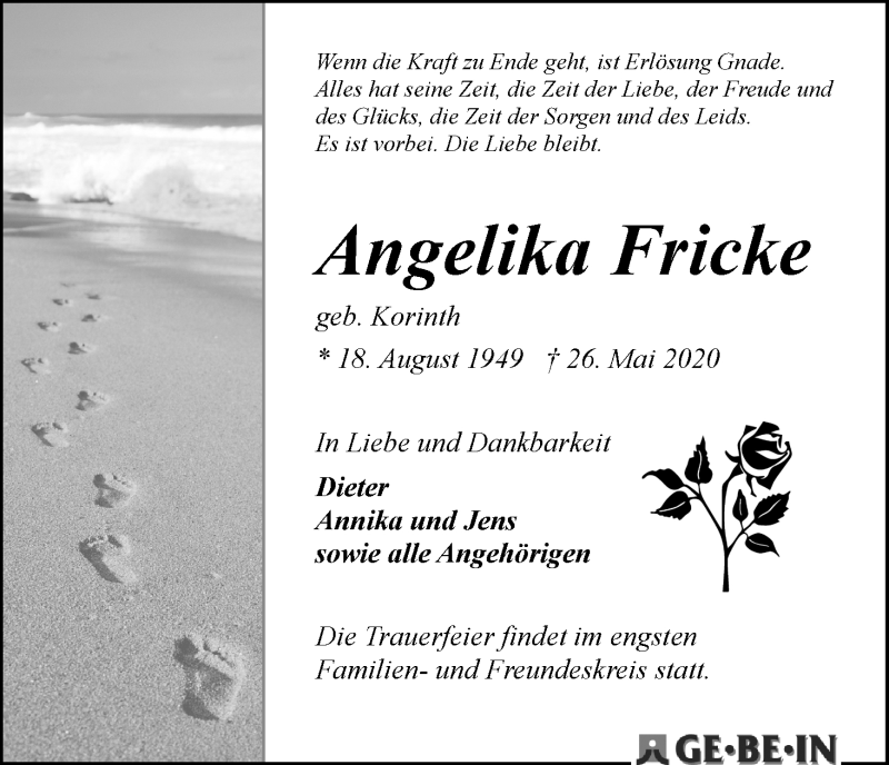  Traueranzeige für Angelika Fricke vom 30.05.2020 aus WESER-KURIER
