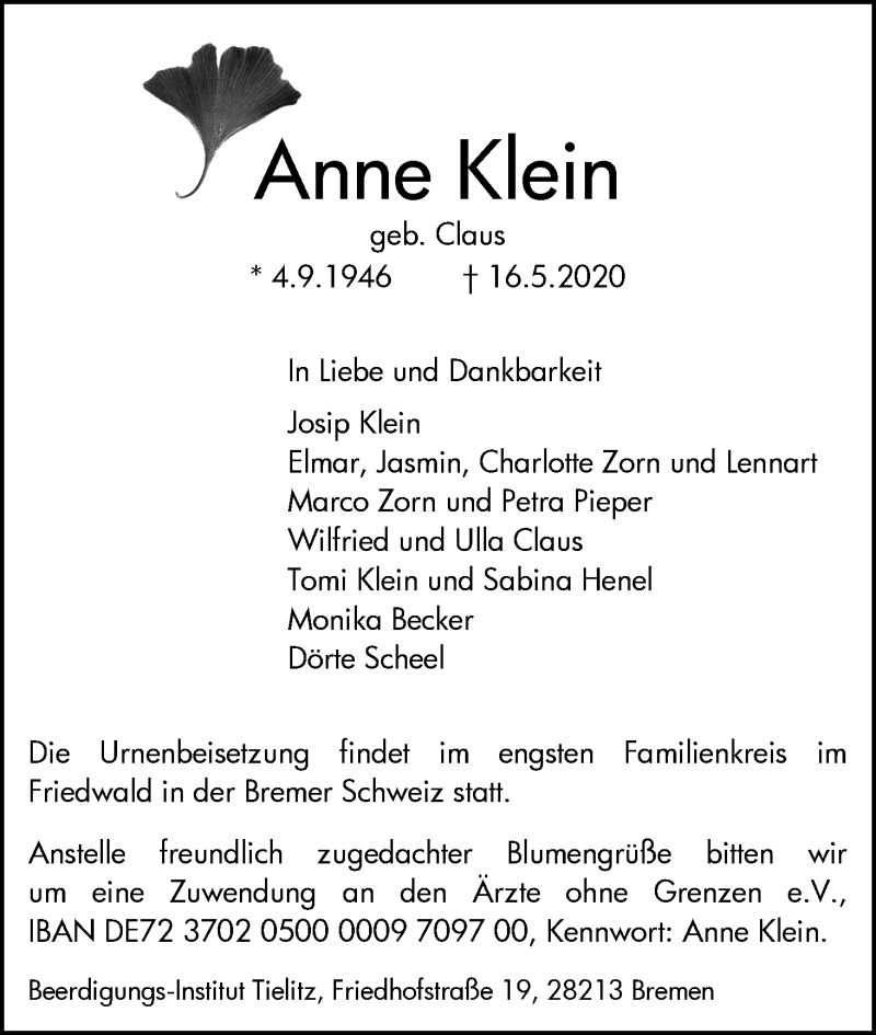 Traueranzeige von Anne Klein von WESER-KURIER