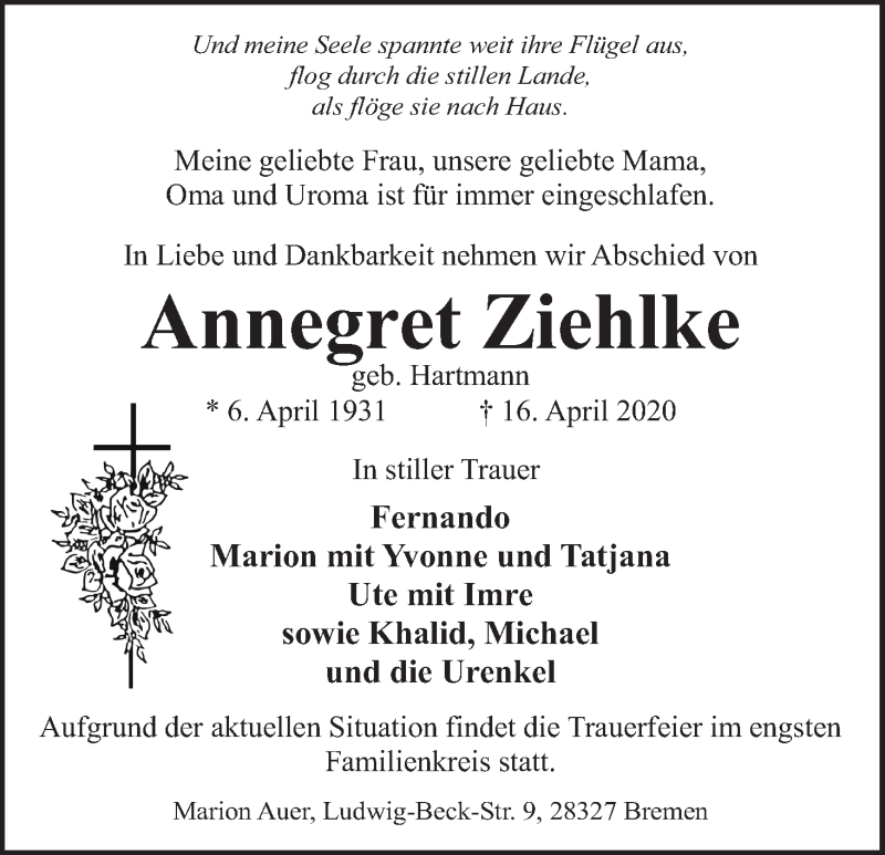  Traueranzeige für Annegret Ziehlke vom 02.05.2020 aus WESER-KURIER