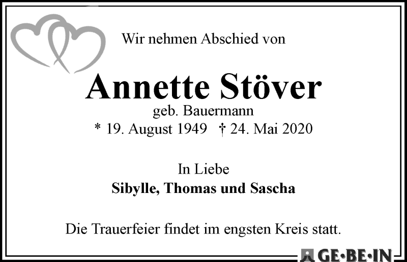  Traueranzeige für Annette Stöver vom 30.05.2020 aus WESER-KURIER