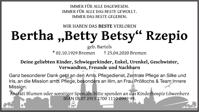  Traueranzeige für Bertha Rzepio vom 02.05.2020 aus WESER-KURIER