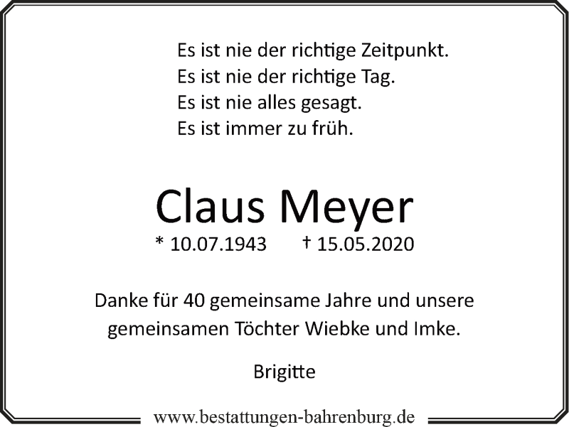 Traueranzeige von Claus Meyer von WESER-KURIER