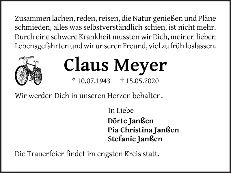 Traueranzeige von Claus Meyer von WESER-KURIER