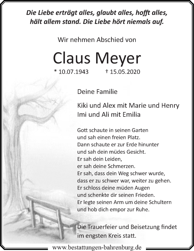 Traueranzeige von Claus Meyer von Wuemme Zeitung