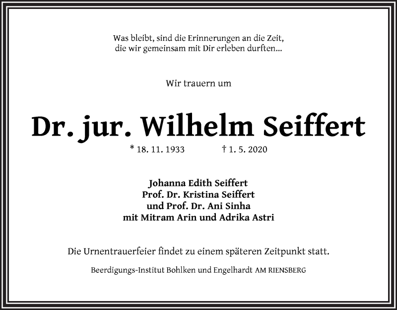 Traueranzeige von Dr. jur. Wilhelm Seiffert von WESER-KURIER