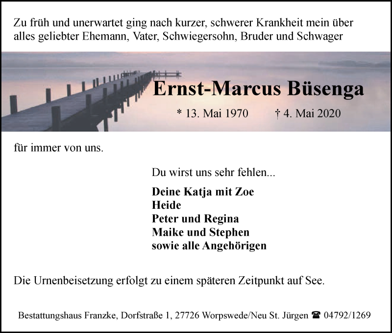  Traueranzeige für Ernst-Marcus Büsenga vom 09.05.2020 aus Osterholzer Kreisblatt