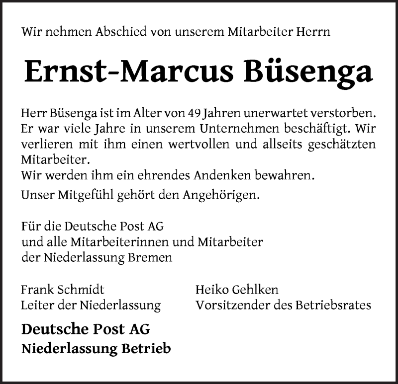  Traueranzeige für Ernst-Marcus Büsenga vom 09.05.2020 aus Osterholzer Kreisblatt