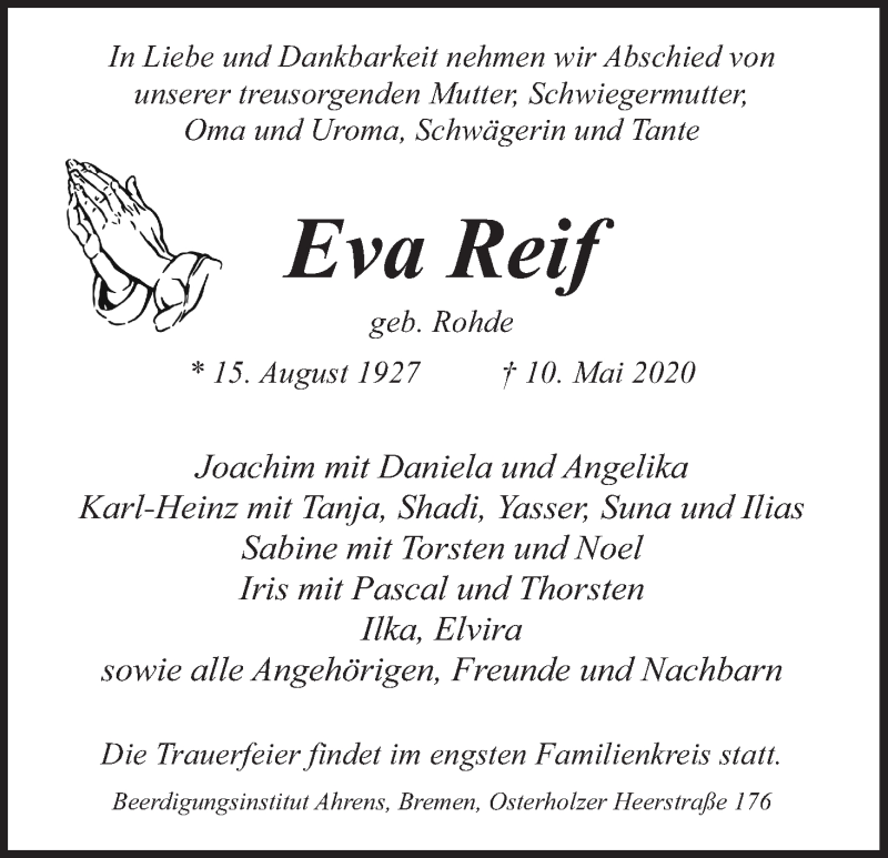  Traueranzeige für Eva Reif vom 16.05.2020 aus WESER-KURIER
