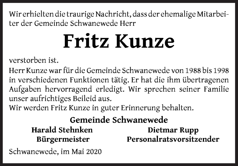 Traueranzeige von Fritz Kunze von Die Norddeutsche
