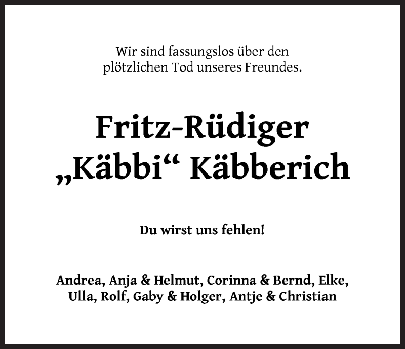 Traueranzeige von Fritz-Rüdiger (Käbbi) Käbberich von WESER-KURIER