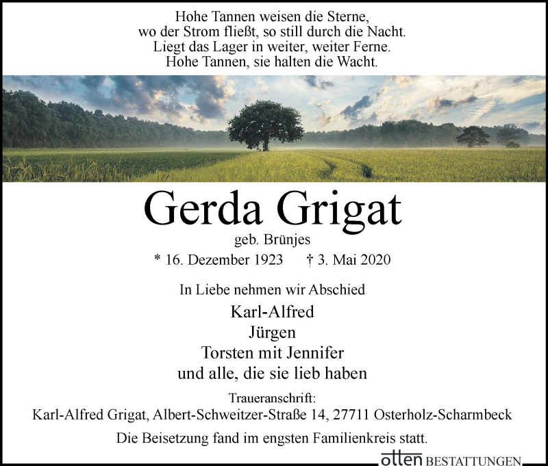  Traueranzeige für Gerda Grigat vom 11.05.2020 aus Osterholzer Kreisblatt